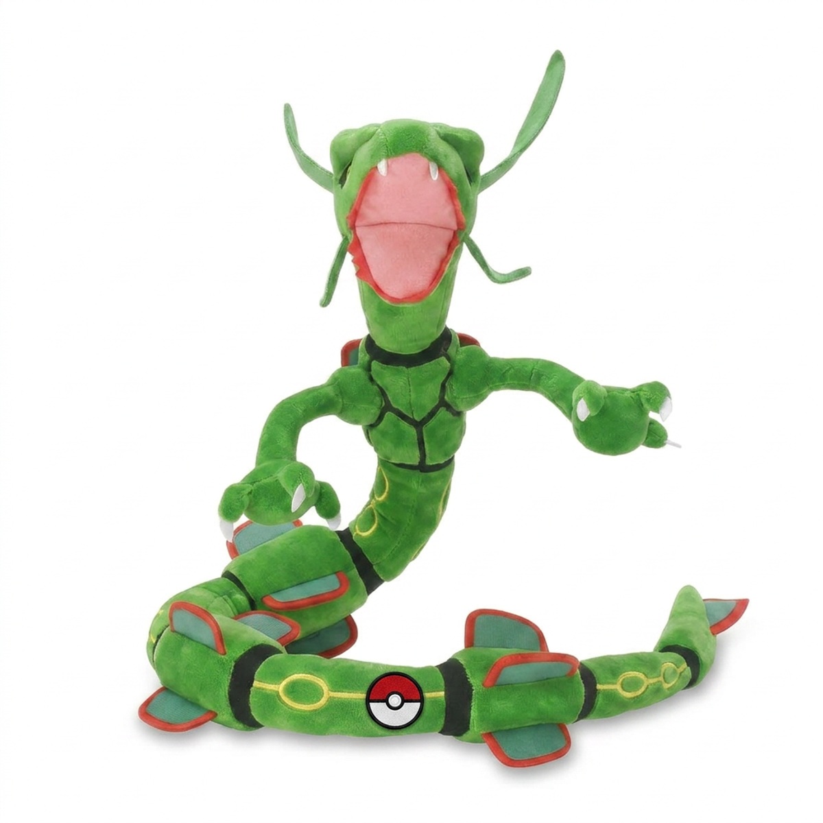 Rayquaza Knuffel met badge die de echtheid bewijst.