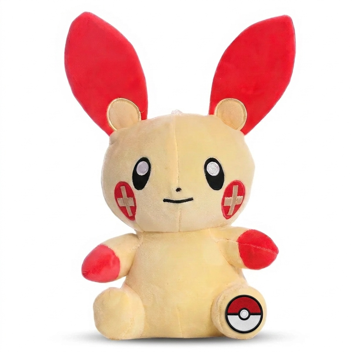 Plusle Knuffel met badge die de echtheid bewijst.